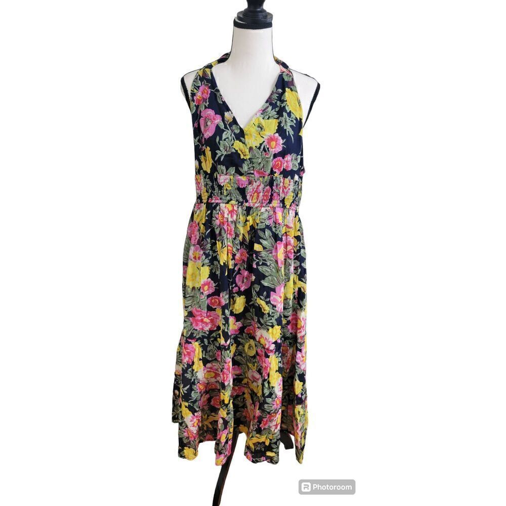 The Pyramid Collection Navy Floral Maxi Dress with Pink & Yellow Flowers